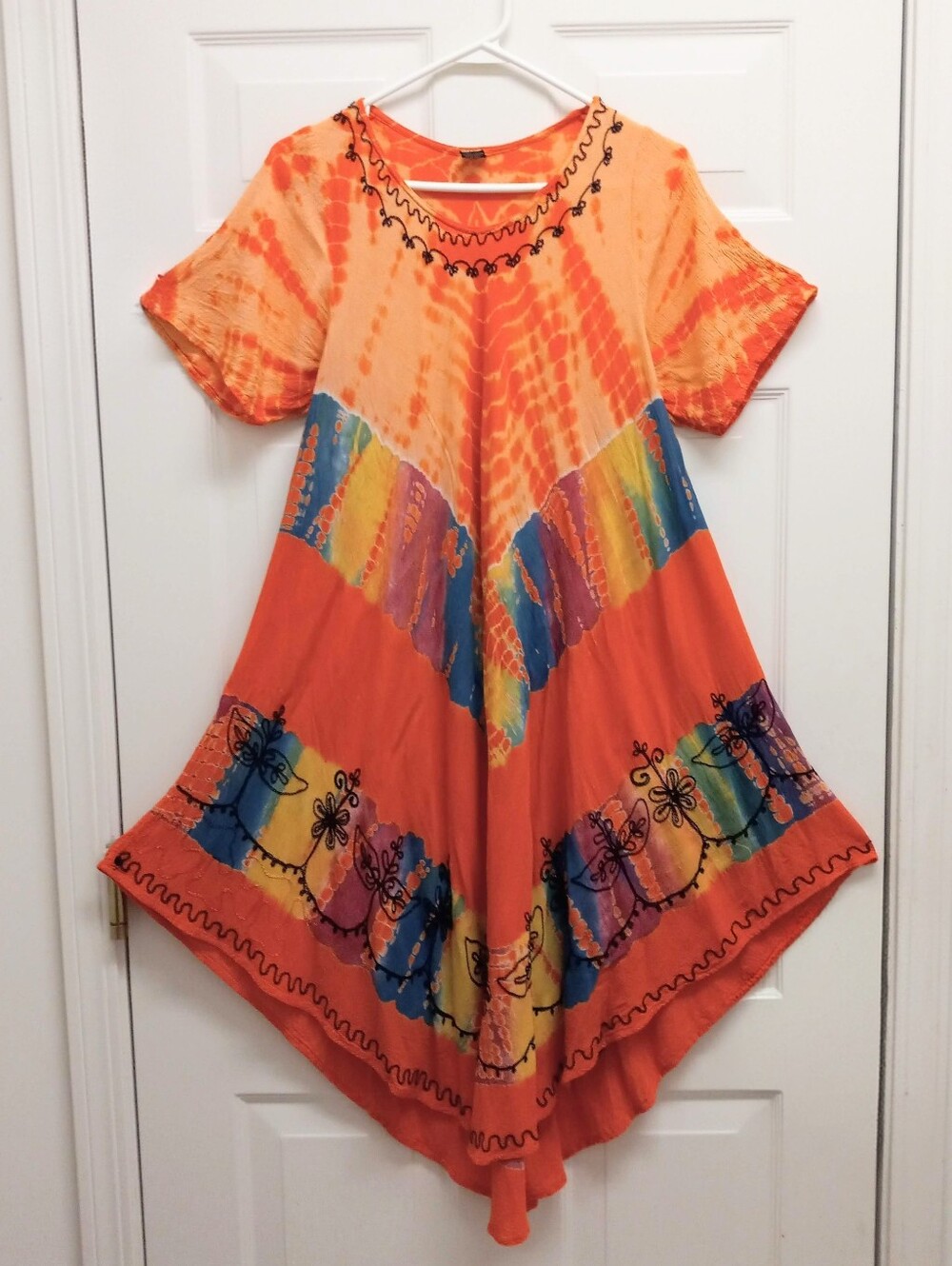 Zury Tie Dye Dress Art To Wear Embroidered Handkerchief Hem OS Boho Hippie Indie